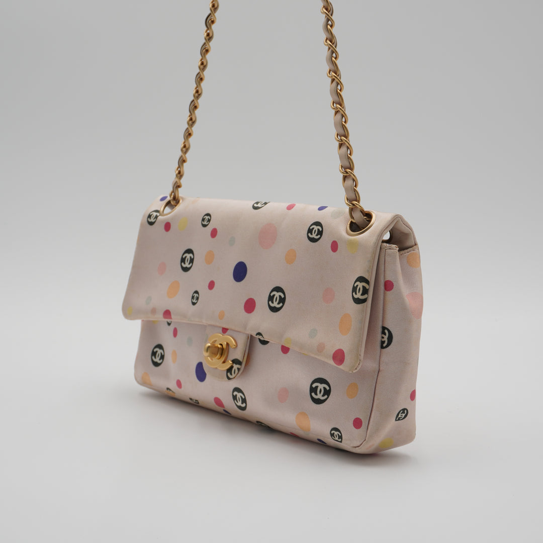 CHANEL Pink Classique Satin Polka Dot Single Chain Flap Bag