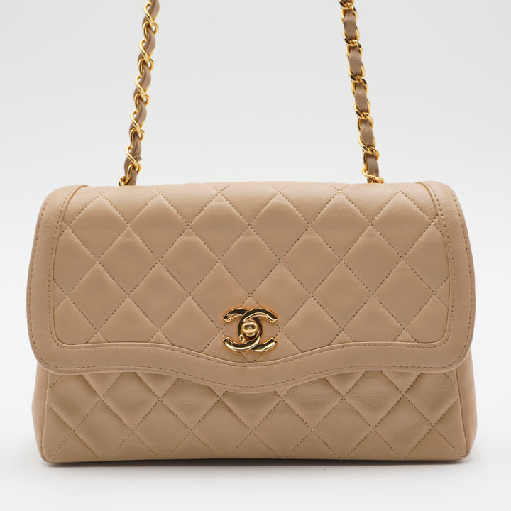 CHANEL Beige Lamb Skin Matelassé Single Flap Chain Shoulder Bag