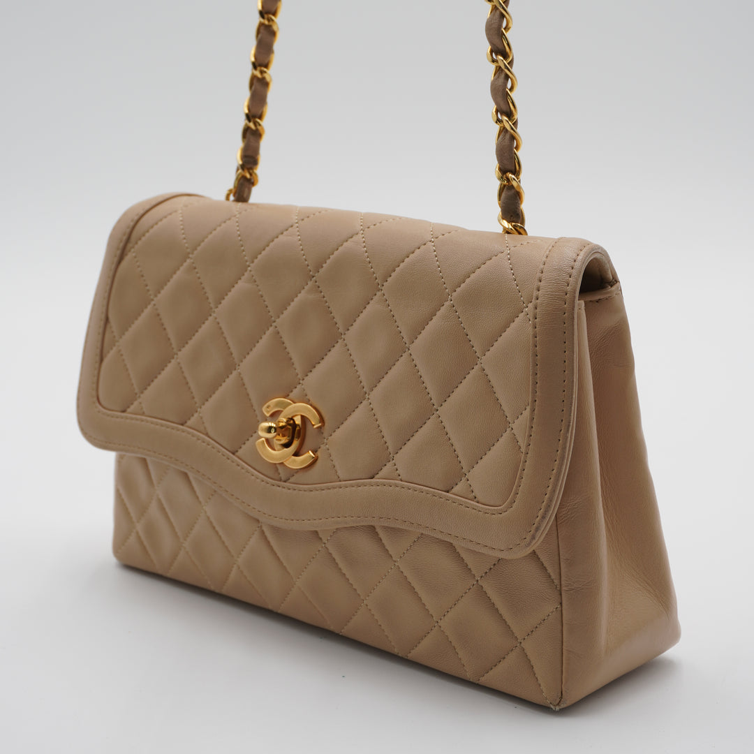 CHANEL Beige Lamb Skin Matelassé Single Flap Chain Shoulder Bag