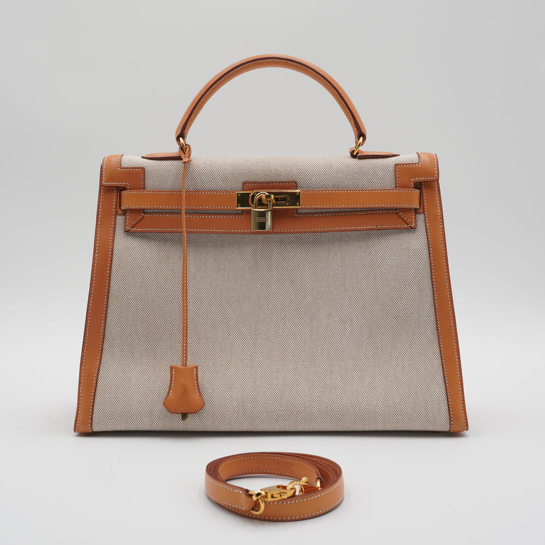 HERMES Cadena And Clochette Toile Ash With ST Kelly 35