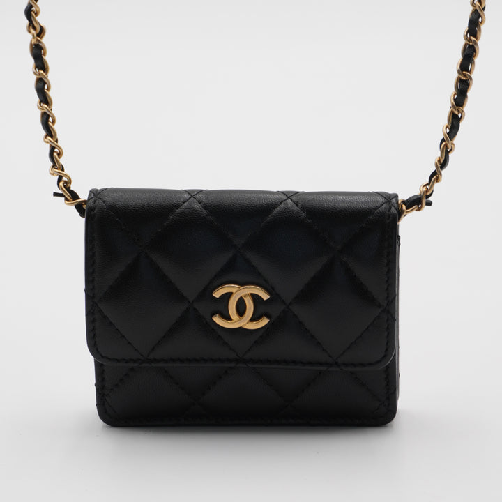 CHANEL Black Quilted Ruffled Card Holder On Chain