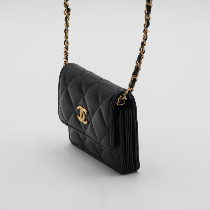 CHANEL Black Quilted Ruffled Card Holder On Chain