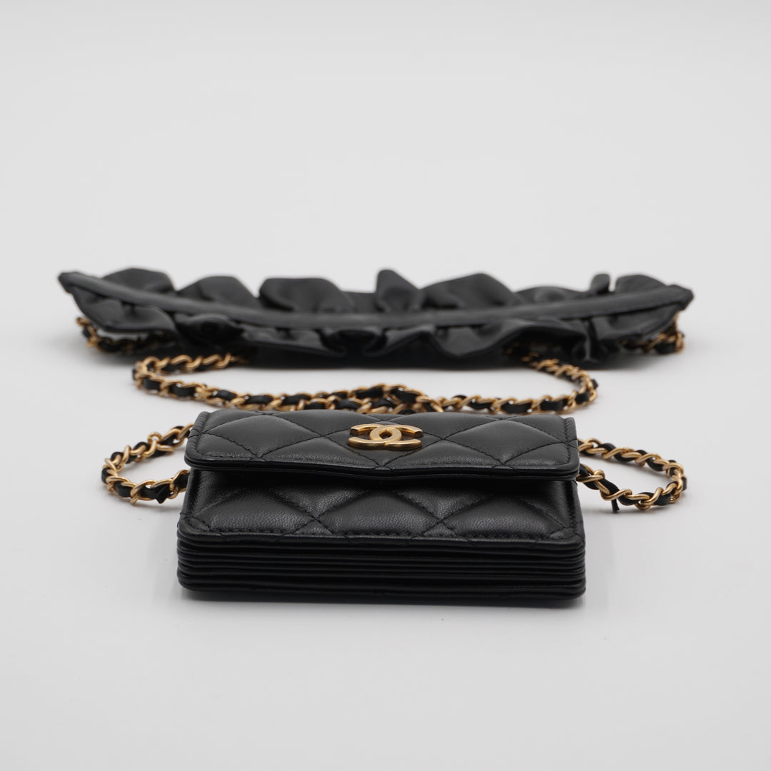 CHANEL Black Quilted Ruffled Card Holder On Chain