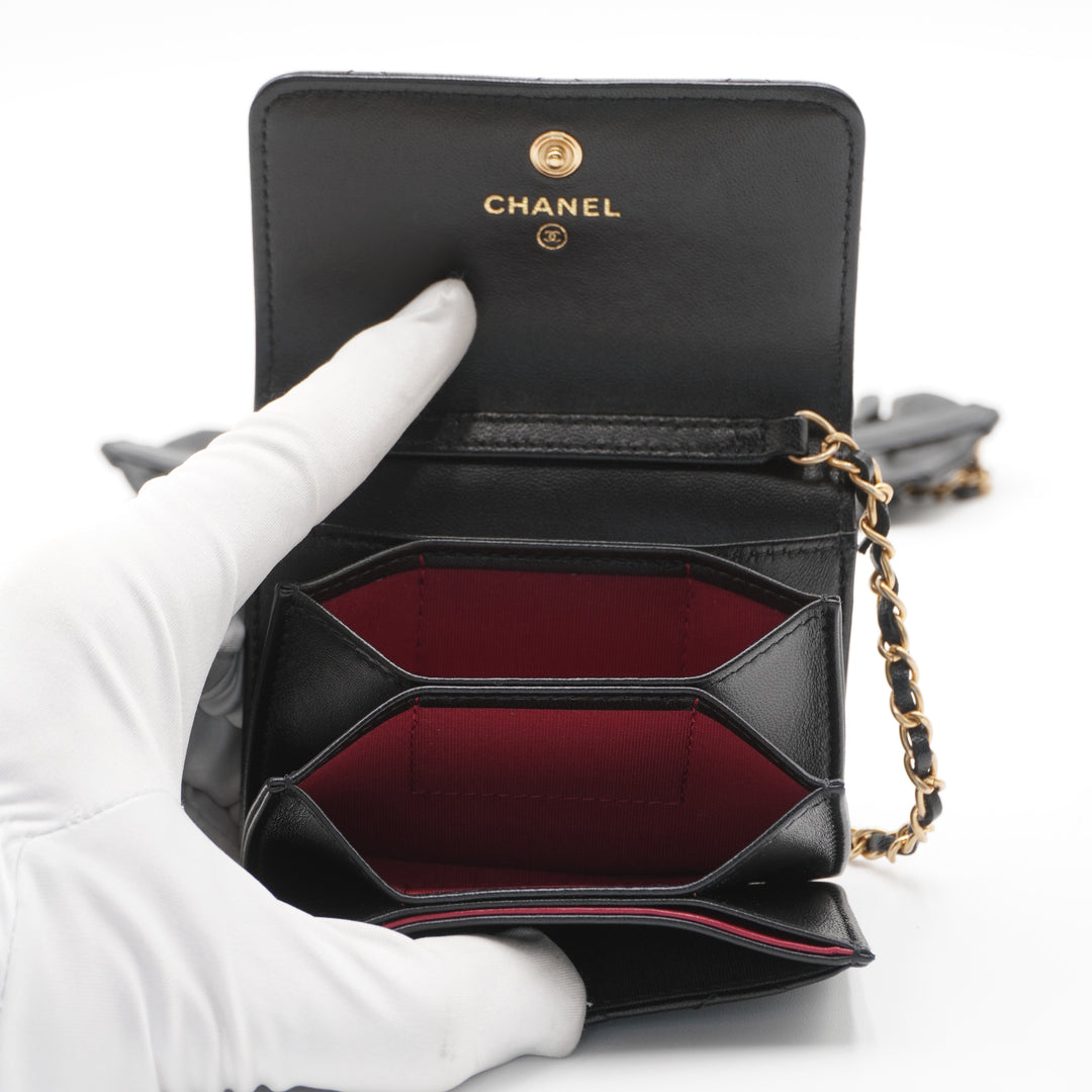 CHANEL Black Quilted Ruffled Card Holder On Chain