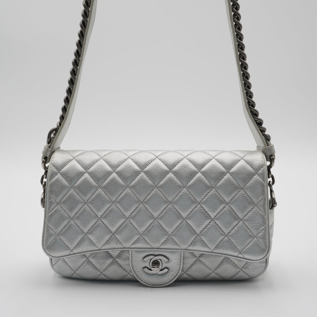 CHANEL Silver Quilted Airline Leather Shoulder Bag