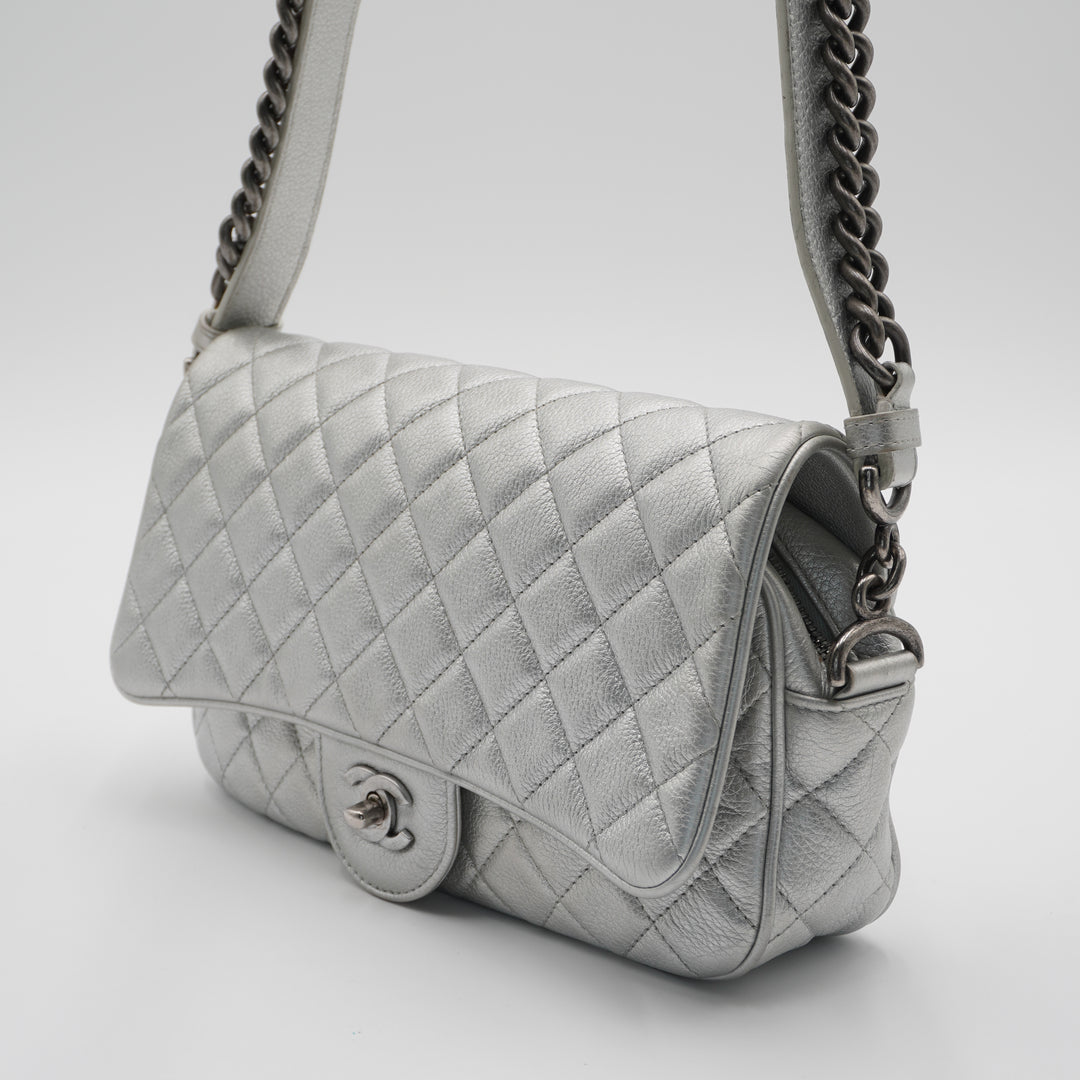 CHANEL Silver Quilted Airline Leather Shoulder Bag