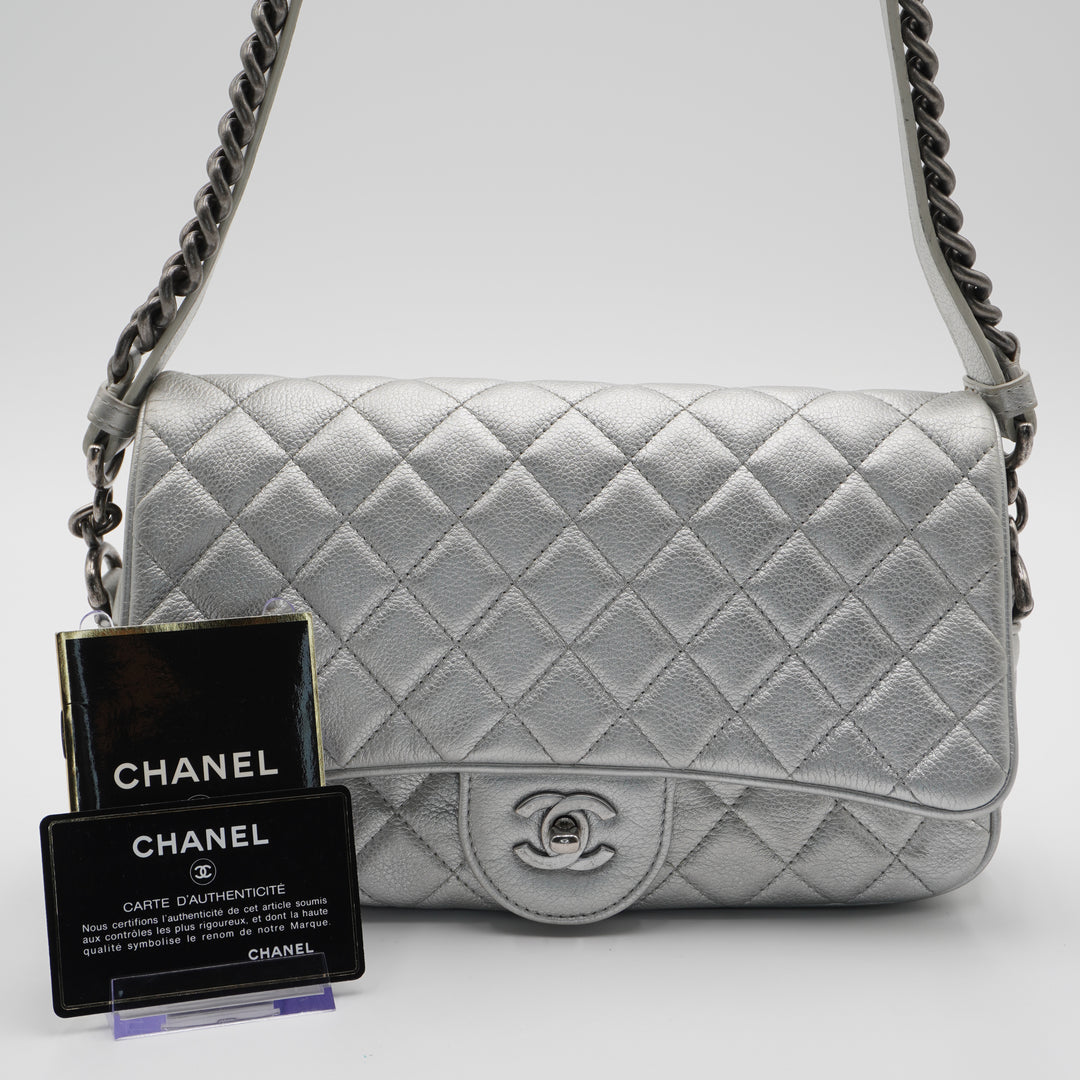 CHANEL Silver Quilted Airline Leather Shoulder Bag