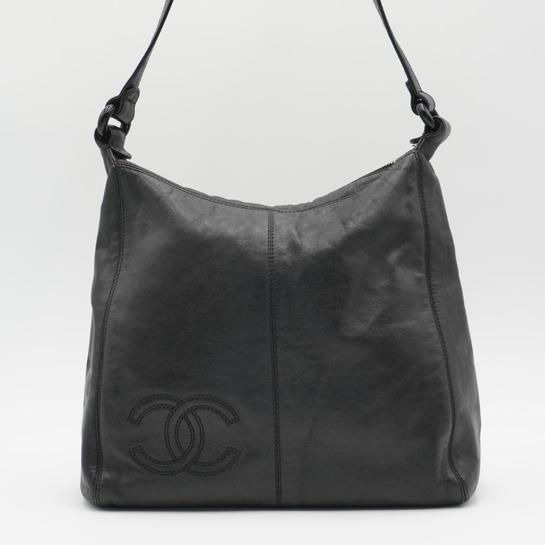 CHANEL Black Leather Hobo Bag with Coco Logo