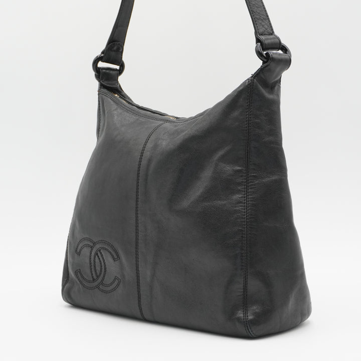 CHANEL Black Leather Hobo Bag with Coco Logo