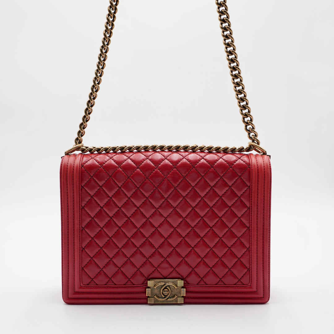 CHANEL Red Leather Quilted Boy Flap Bag