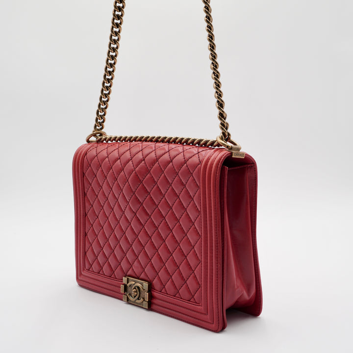 CHANEL Red Leather Quilted Boy Flap Bag