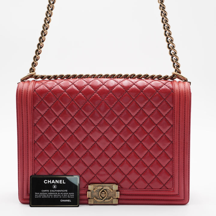 CHANEL Red Leather Quilted Boy Flap Bag