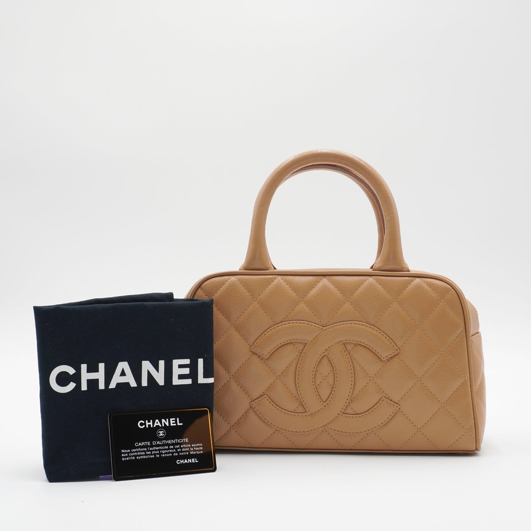 CHANEL Beige Caviar Leather Mini Boston Bag