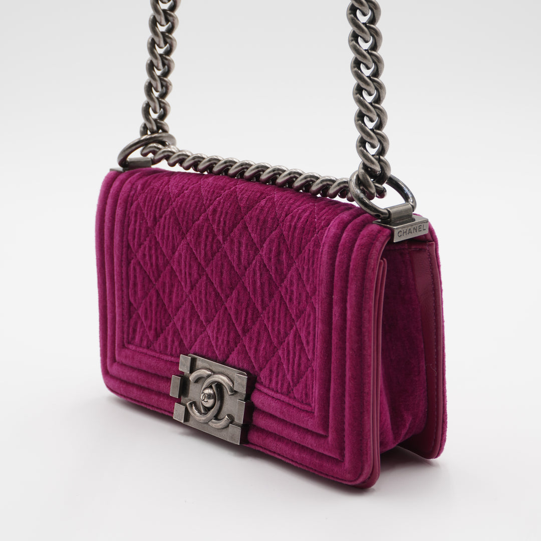 CHANEL Magenta Velvet Vintage Boy Bag