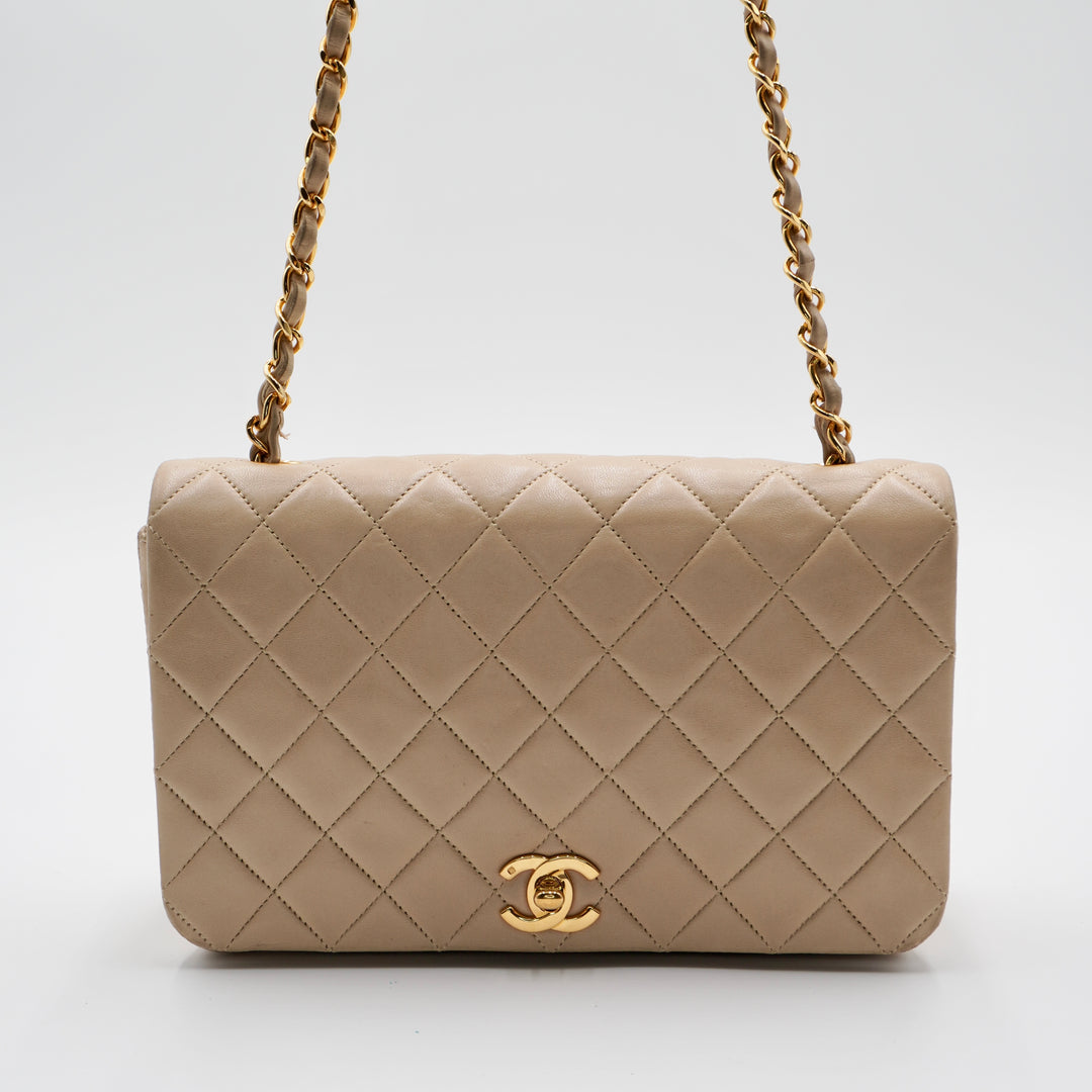 CHANEL Vintage Classic Quilted Beige Leather Full Flap Bag