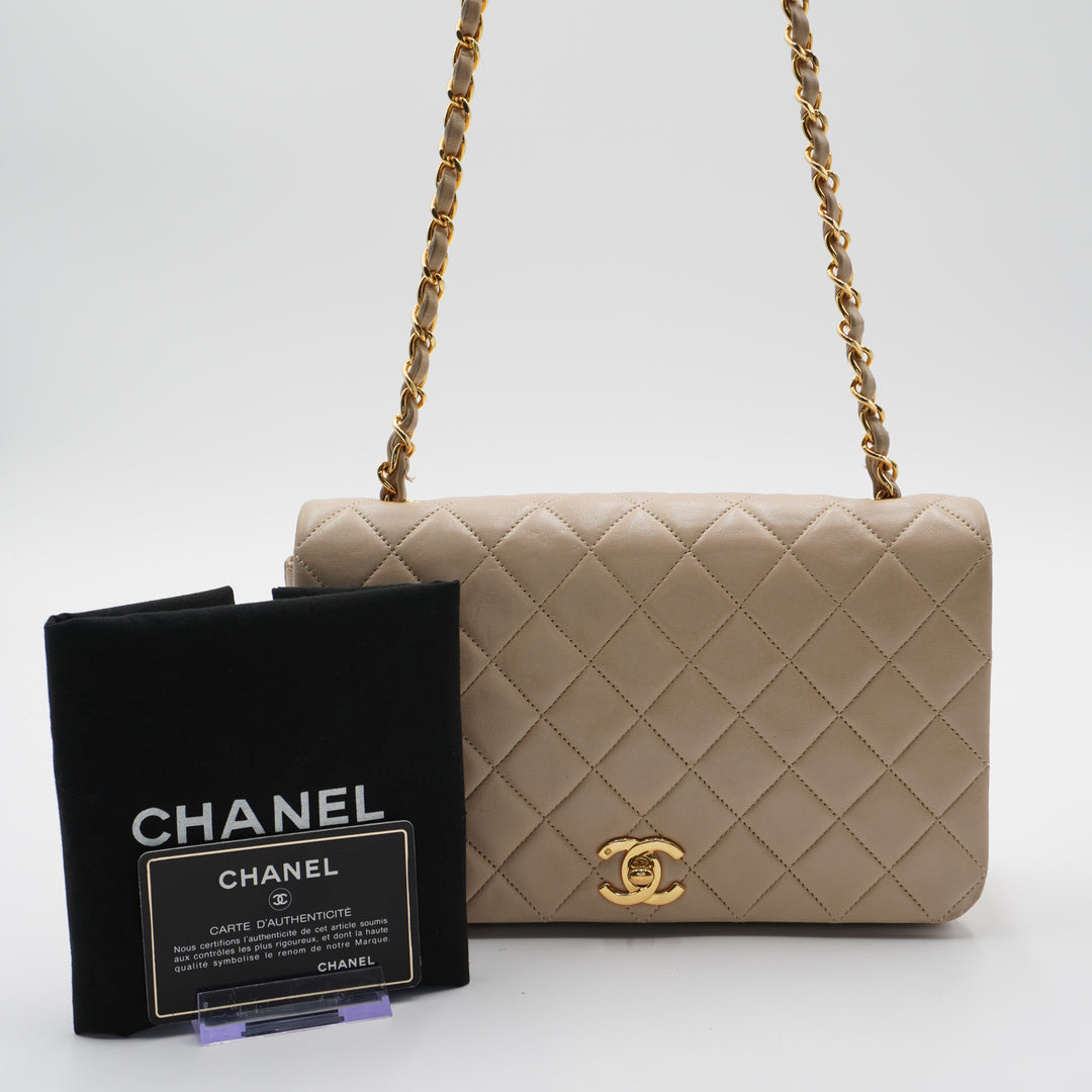 CHANEL Vintage Classic Quilted Beige Leather Full Flap Bag