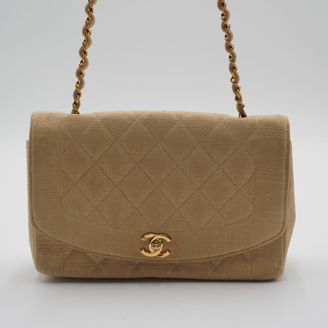 CHANEL Classic Diana 25 Beige Linen Crossbody Flap Bag