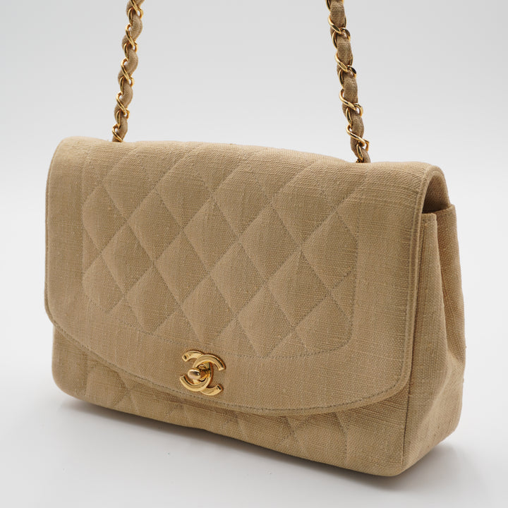 CHANEL Classic Diana 25 Beige Linen Crossbody Flap Bag