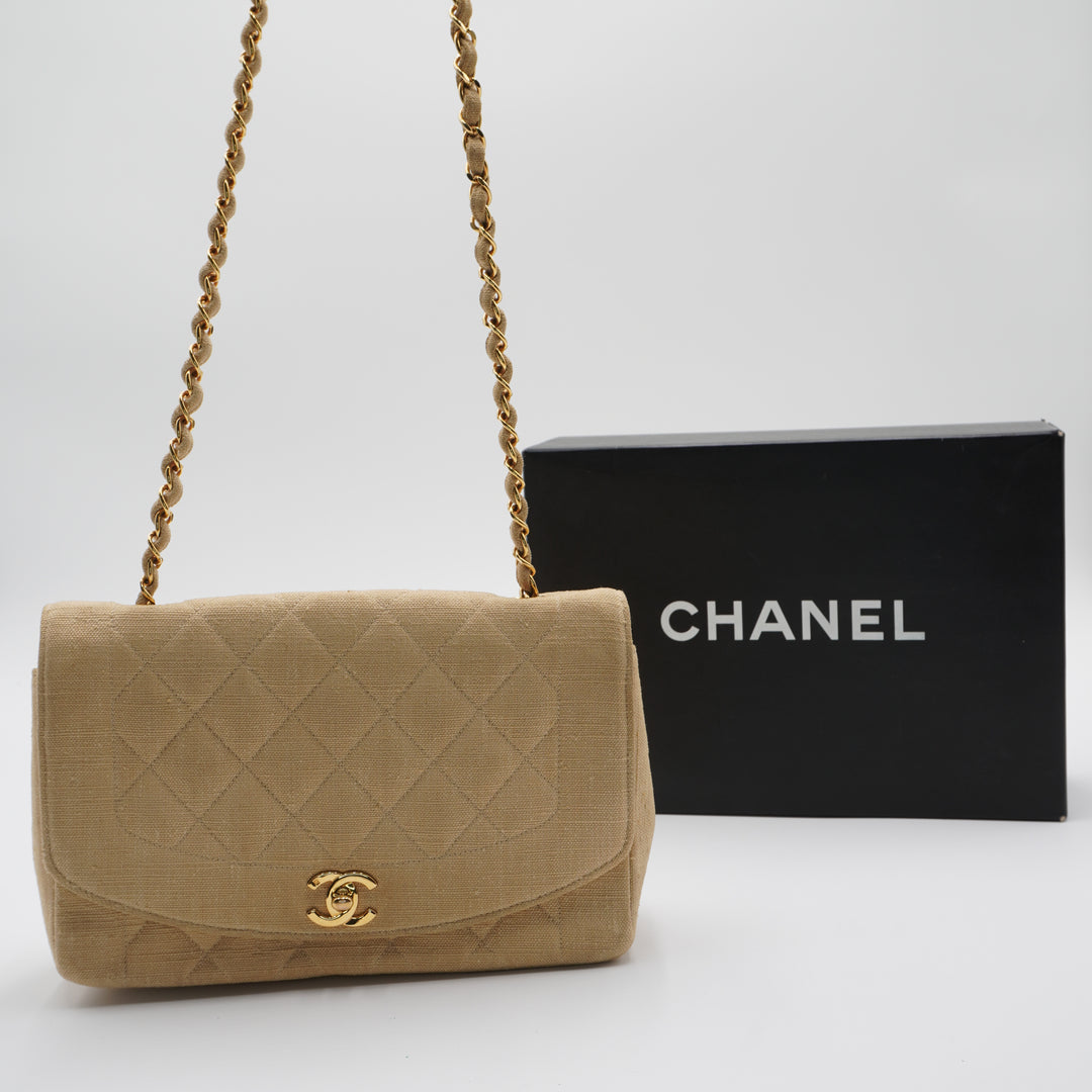 CHANEL Classic Diana 25 Beige Linen Crossbody Flap Bag