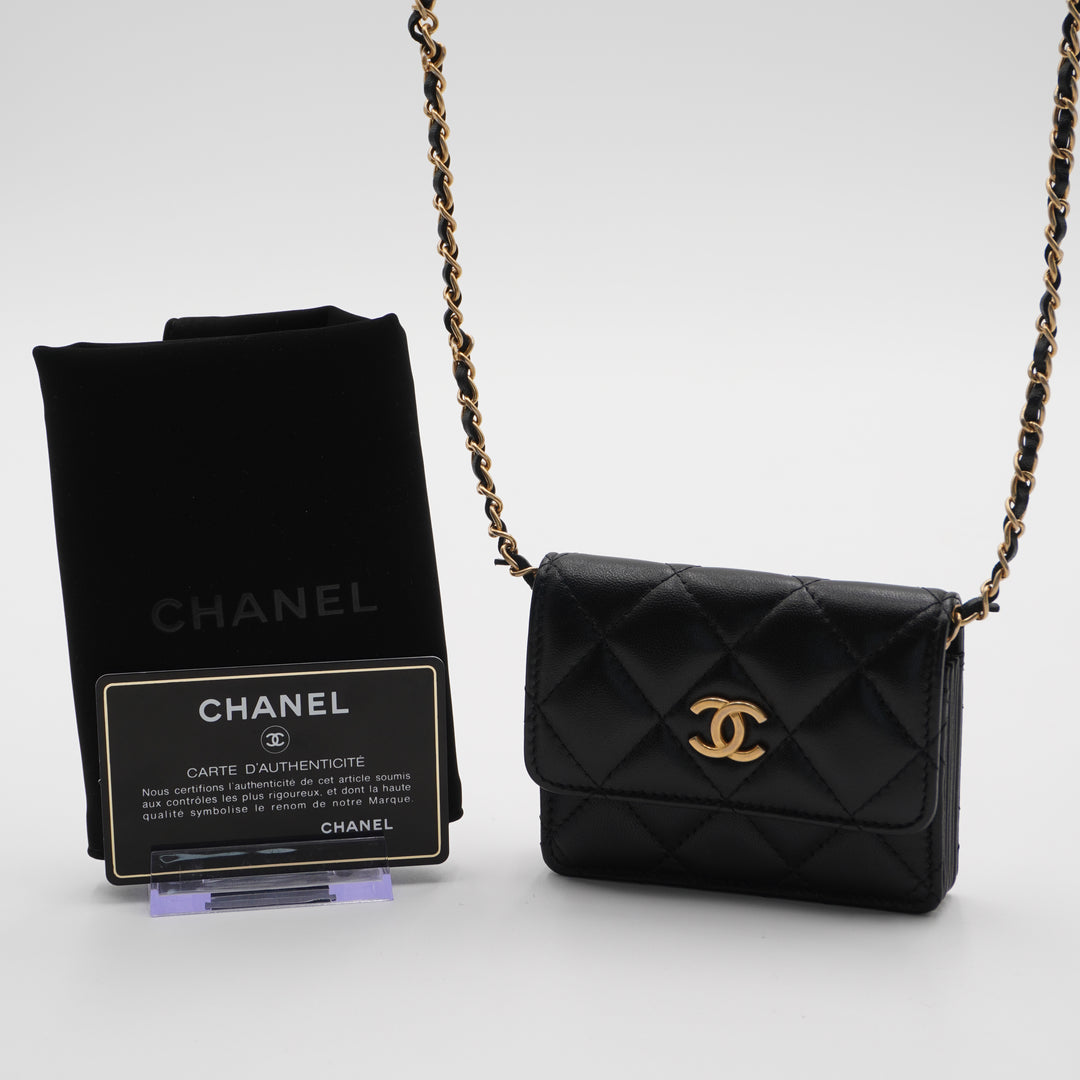 CHANEL Black Quilted Ruffled Card Holder On Chain